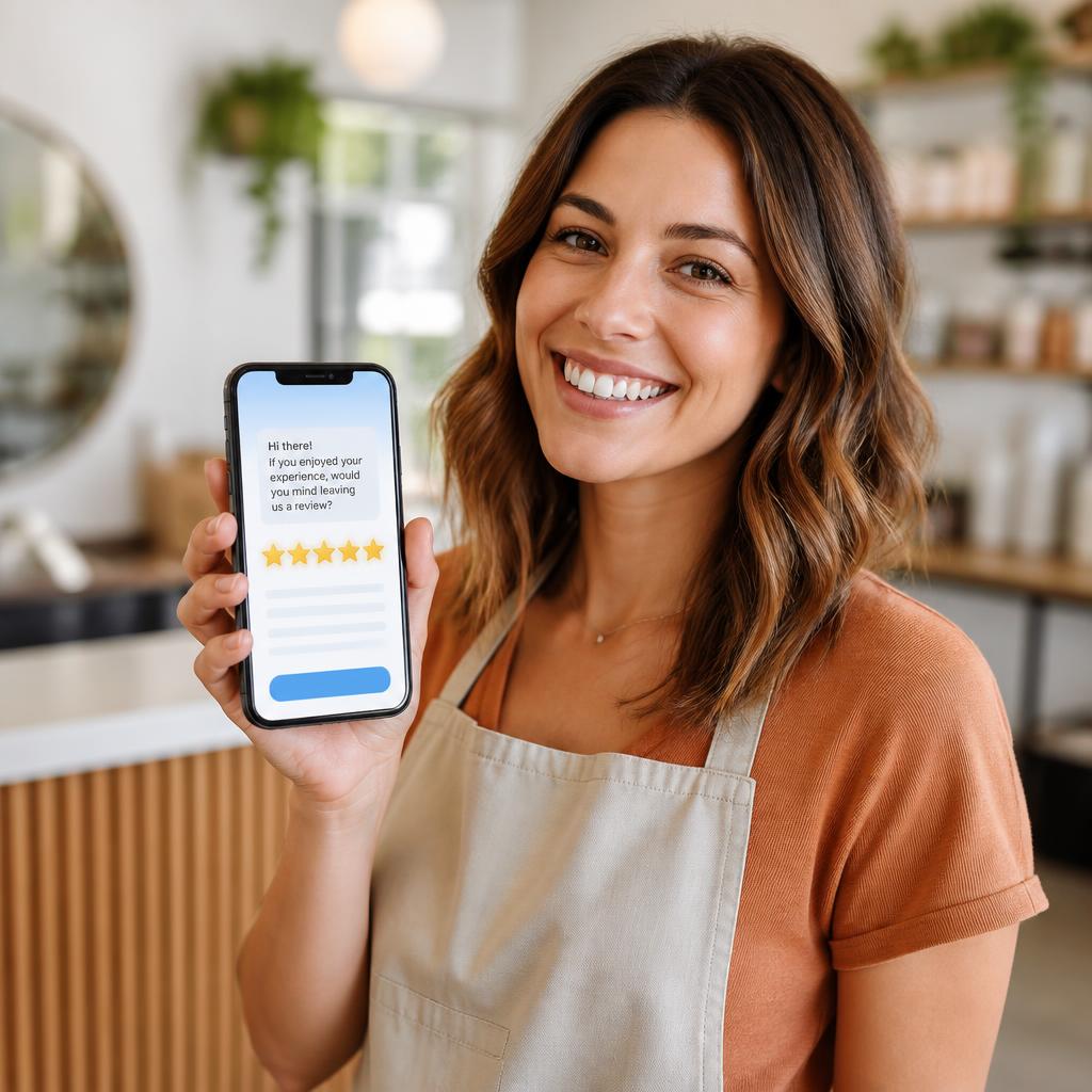 Happy customer leaving a Google review on a smartphone