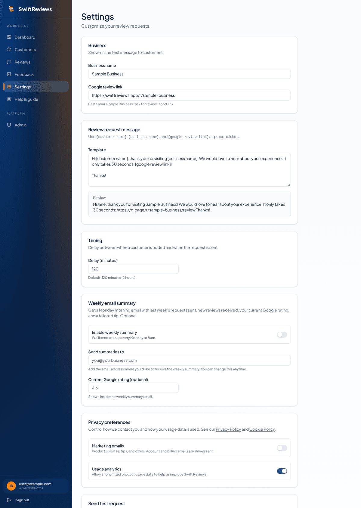 Swift Reviews settings page showing business name, Google review link and message template fields